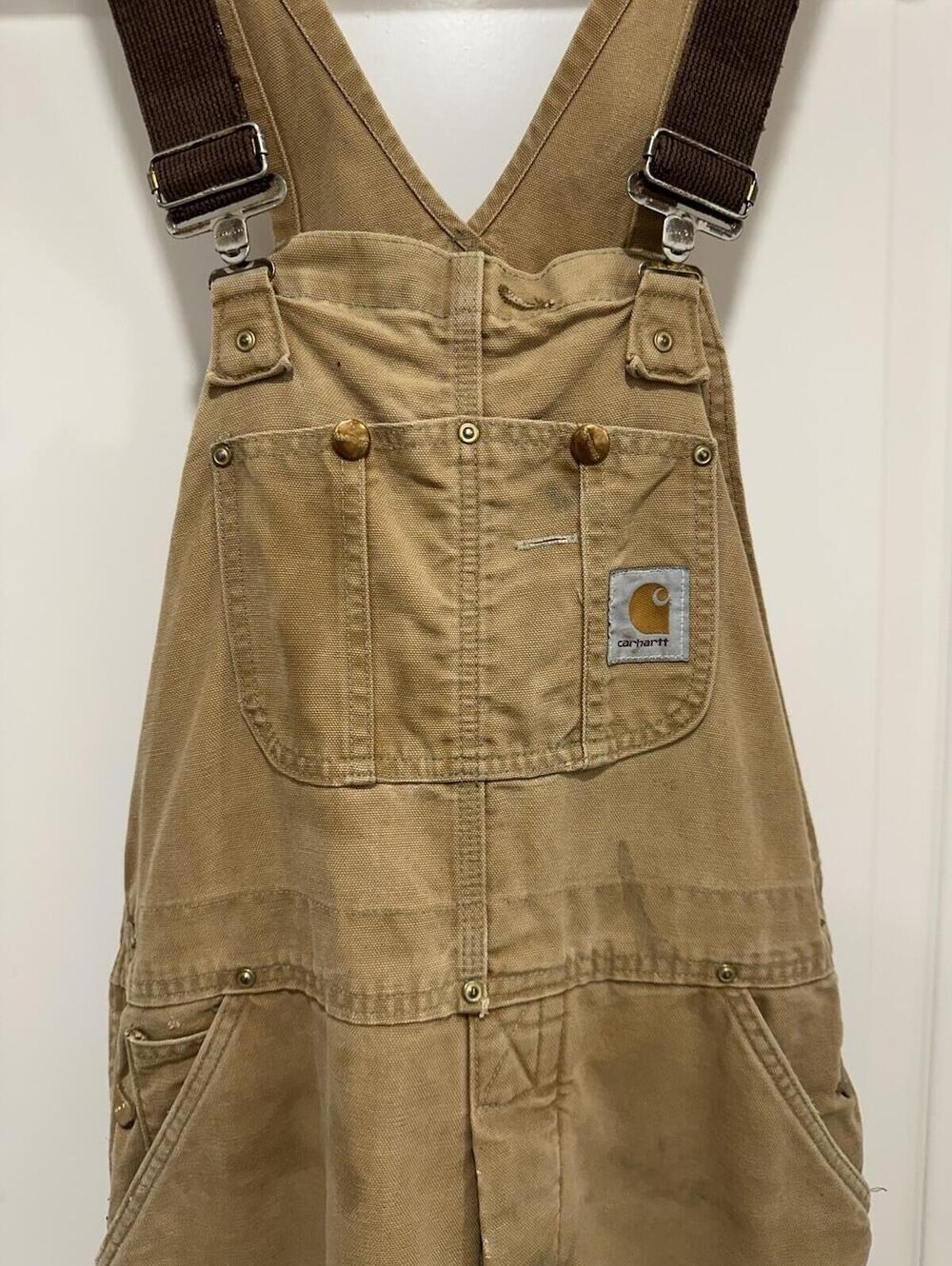 Carhartt Double Knee Overalls Insulated 34x30 Duck Cotton Faded Distressed Bib